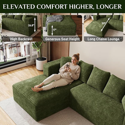 Oversized L Shaped Boneless Sectional Couches for Living Room, 107" Comfy Fluffy Cloud Modular Sectional Sofa, Plush Corduroy Memory Foam Floor Sofa with Left Facing Chaise Couch
