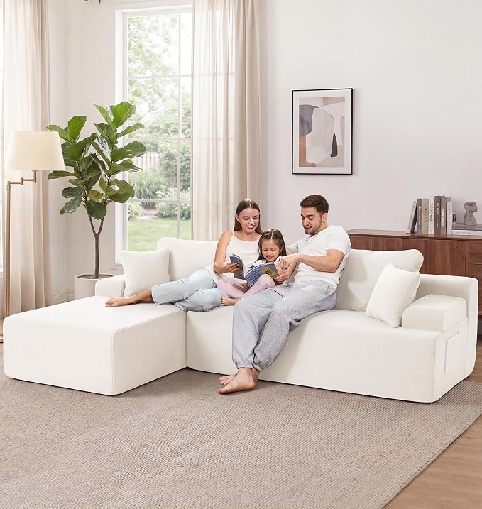 Hobestluk Modular Sectional Sofa Couches L-Shape Couch 3 Seat Modular Sofa Memory Foam Sectional Couches for Living Room, Cloud Couch with Oversized Chaise (White Smooth, 108", Left Hand Facing)