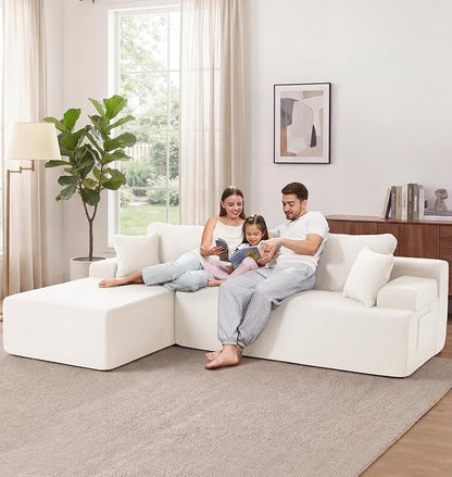 Hobestluk Modular Sectional Sofa Couches L-Shape Couch 3 Seat Modular Sofa Memory Foam Sectional Couches for Living Room, Cloud Couch with Oversized Chaise (White Smooth, 108", Left Hand Facing)