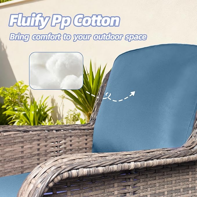 4 Piece Outdoor Wicker Patio Furniture Set, Patio Chairs Set with Thickened Cushions, High Back and Deep Seating, Hand-Woven Rattan, Ottoman for Porch, Deck, Peacock Blue