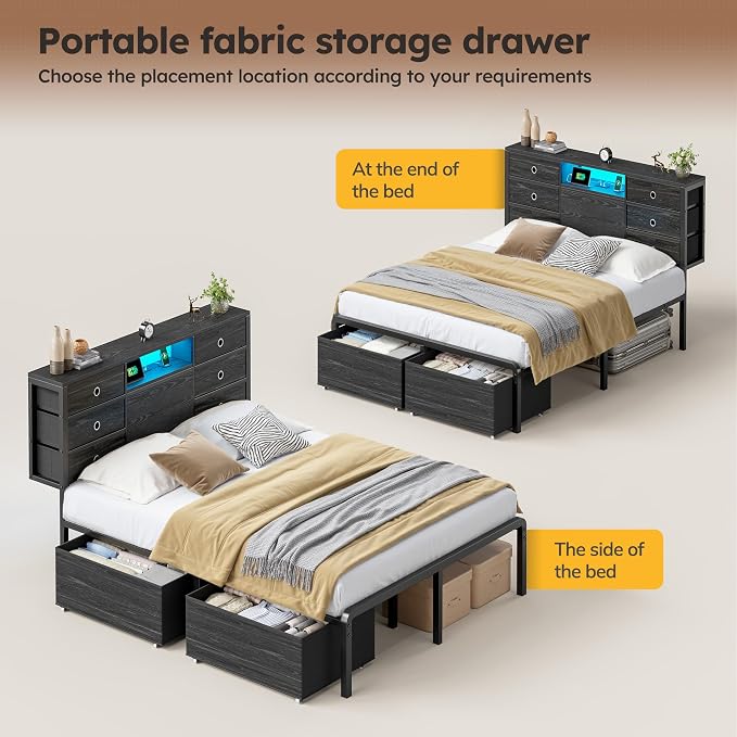 Homkdom Full Size Bed Frame with 8 Fabric Drawers Storage, LED Lights & Charging Station, Metal Platform Bed Frame with Headboard Storage Providing Noise-Free and Easy Assembly,Black