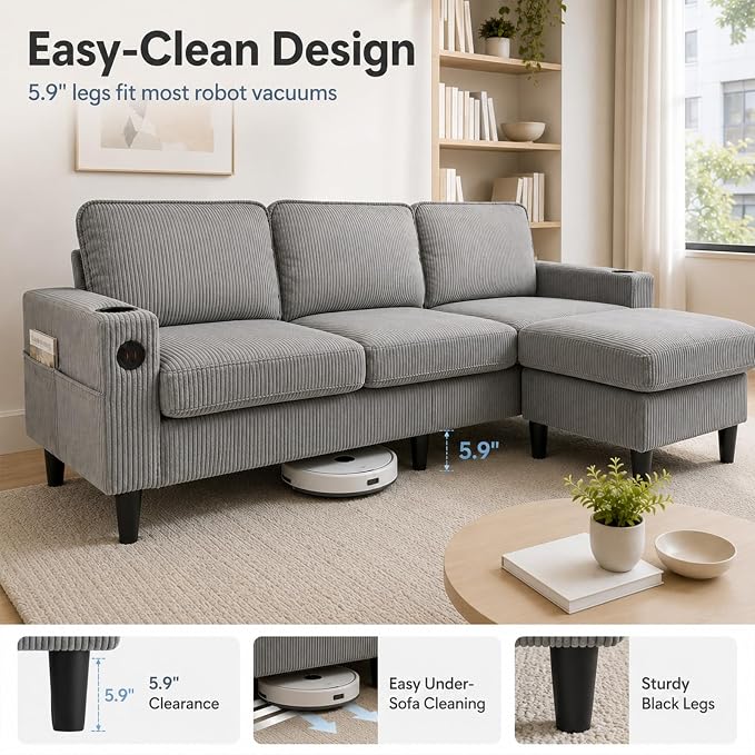 67'' L-Shaped Velvet Modular Sectional Couch Sofa with Ottoman, 3-Seat Convertible Cloud Deep Seat Sofa Couches for Living Room Bedroom Apartment, Cozy Chaise Lounge Sofas (Ligth Grey)