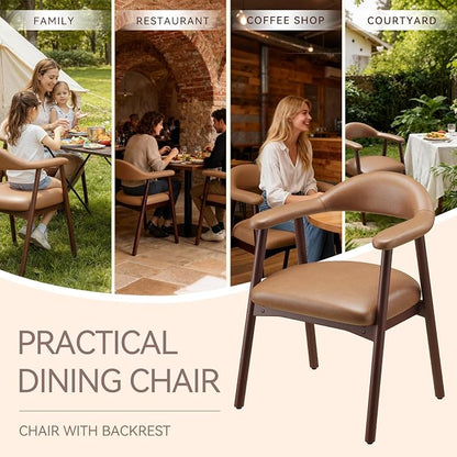 MALOL Leather Dining Chair with Armrest Set of 6, Upholstered Dining Room Chair with Curved Back and Wood Legs, Mid Century Modern Kitchen Chairs for Kitchen Dining Room