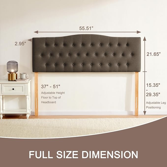 Tufted Headboard Full Size, Solid Wood Adjustable Height Head Board, Brown | Upholstered Full XL Headboard Only with Durable Solid Wood Legs, Adjustable Height 37-51 in, Fabric Button Diamond HeadBoards