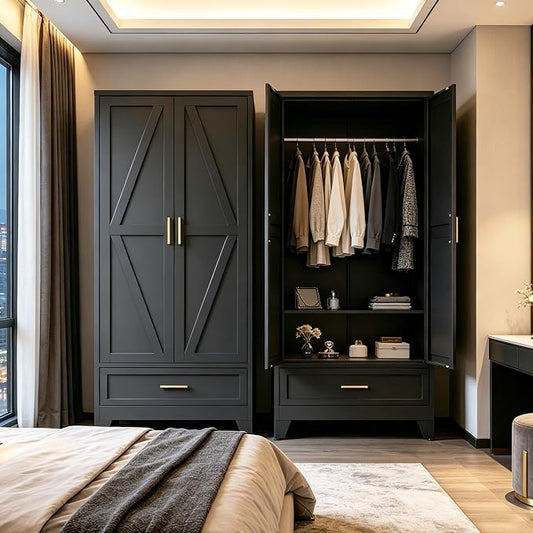 71" H Metal Armoire Wardrobe Closet with Drawers, Black Wardrobe Closet with Doors and Shelves,Tall Wardrobe Closet for Bedroom