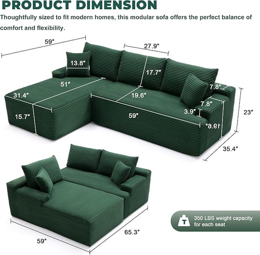 Mangodan Cloud Sectional Couch, Modular Sectional Sofa for Living Room, Fluffy Comfy Couch with L-Shaped Chaise, Boneless Sofa with Deep Seat, No Assembly Required, Green