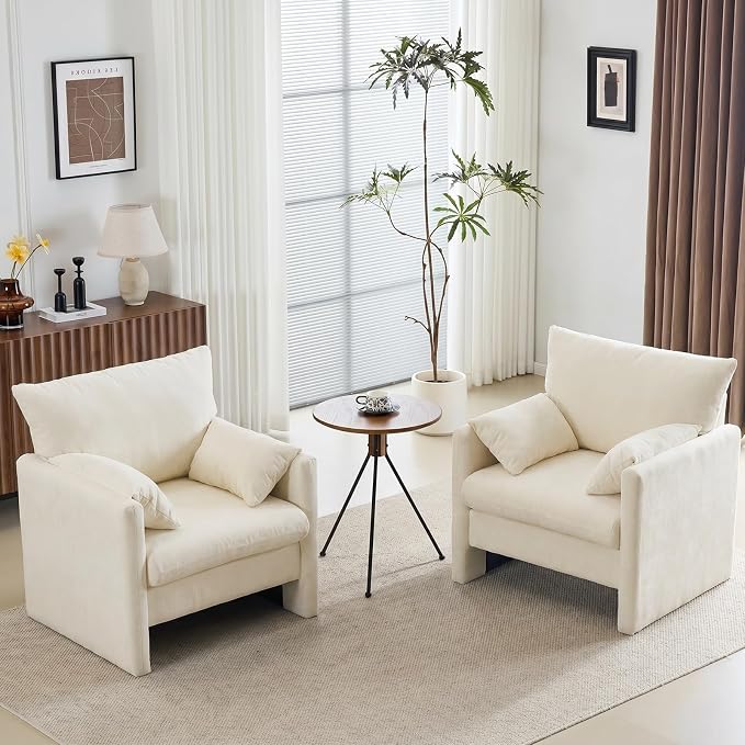 Chenille Oversized Armchair, Wide Accent Chair for Living Room Bedroom Modern Upholstered Lounge Chair Mid-Century Reading Chair Comfy Single Sofa Chair, Beige