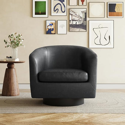 360° Swivel Barrel Accent Chair Armchair, PU Leather Round Club Arm Chair for Lving Room, Modern Upholstered Small Bedroom Single Sofa Seat - Black, Set of 2