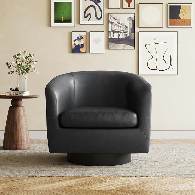 Swivel Accent Chair, Faux Leather Barrel Club Arm Chair Upholstered Round Armchair for Lving Room, Modern Small Bedroom Reading Seat - Black