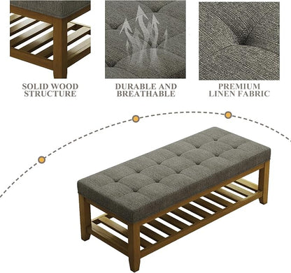 Befurtori Large Rectangular Upholstered Ottoman Bench, Linen Tufted Footrest Ottoman with Solid Wood Shelf Storage Coffee Table for Bedroom Living Room, Granite