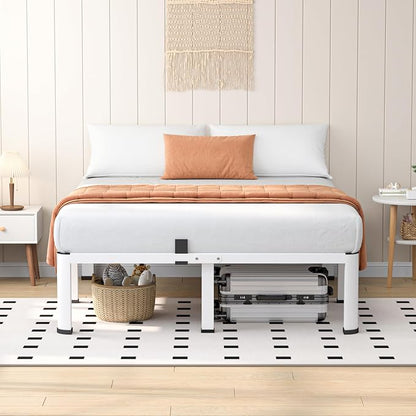 VIPSHOW 14 Inch White Queen Heavy Duty 3500 lbs Bed Frame with Round-Corner Legs & Anti-Squeak Design – Quick Assembly Metal Platform, No Box Spring Needed