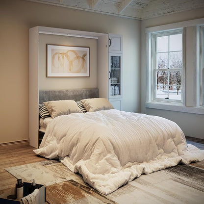 Bobve Farmhouse Murphy Bed Queen, 85" Wall Bed Folds to Save Space,Concealed Bed Frame with 1 Glass Storage Cabinet and Wall Mounted Features for Apartment/Office/Guest Room