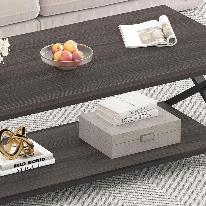HSH Gray Coffee Table for Living Room, Minimalist Rectangle Center Table with Storage Shelf，Industrial Dark Wood and Metal Cocktail Tea Table, Office Simple 2 Tier Display Coffee Table, 47 Inch