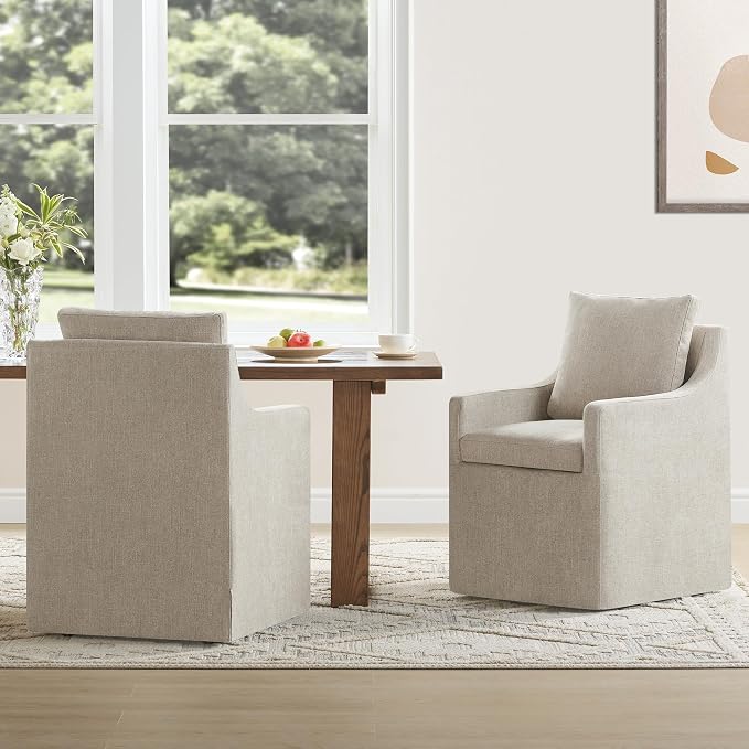 KISLOT Upholstered Dining Chairs Set of 1, Washable Cover Modren Deskchair with 4 Casters & Hidden Storage for Dining Room, Living Room, Home Office, Sand, 1 Box