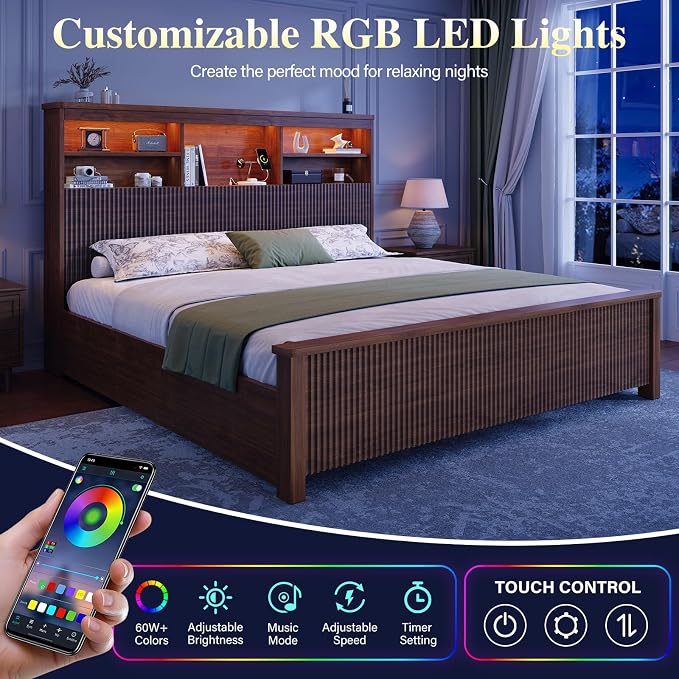 King Size Bed Frame and Tall Headboard & Storage, Metal Platform Bed Frame with 4 Storage Drawers, King Bed Frame with LED Lights & Charging Ports, No Box Spring Needed, Noise-Free, Brown