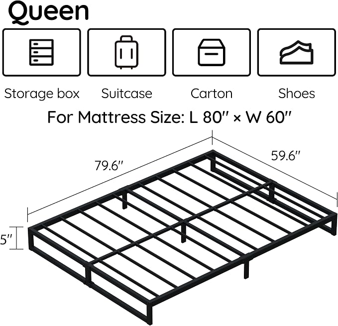 Richwanone 5 Inch Queen Bed Frame, Heavy Duty Metal Platform Bed, Black | Queen Size Bed Frame, Mattress Foundation with Steel Slat Support, No Box Spring Needed, Easy Assembly