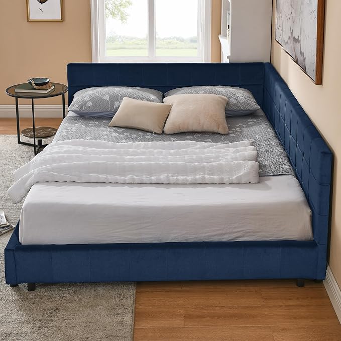 Bellemave Queen Size Corner Bed Frame with Comfortable Backrest and Armrests, Velvet Tufted Corner Bed Frame Queen Size, Upholstered Daybed for Bedroom, Living Room, Guest Room, Dark Blue