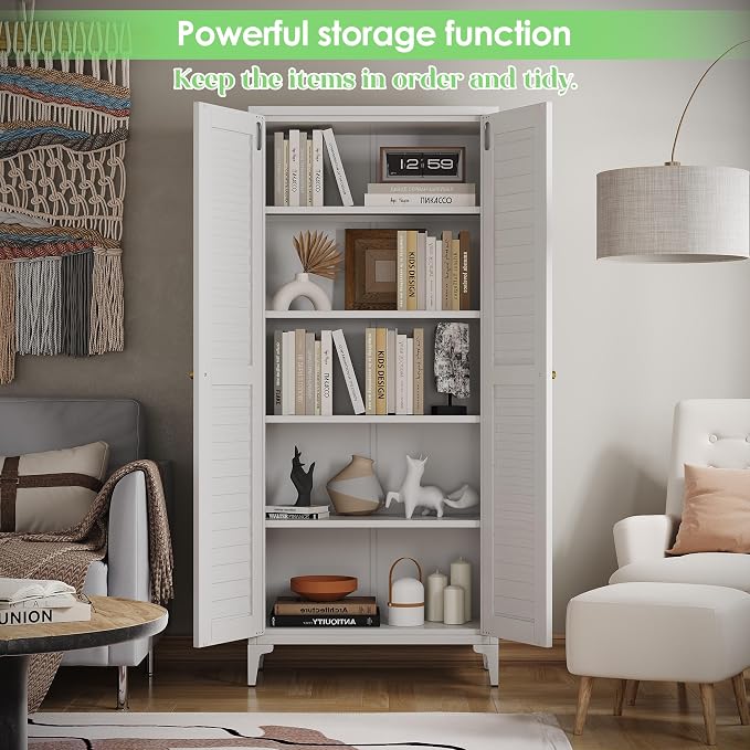63.6" White Metal Pantry Storage Cabinet, Farmhouse Kitchen Cupboard with 3 Adjustable Shelves, Magnetic Closure, Anti-Tip Kit & Raised Legs for Kitchen, Living Room, Assembly Required