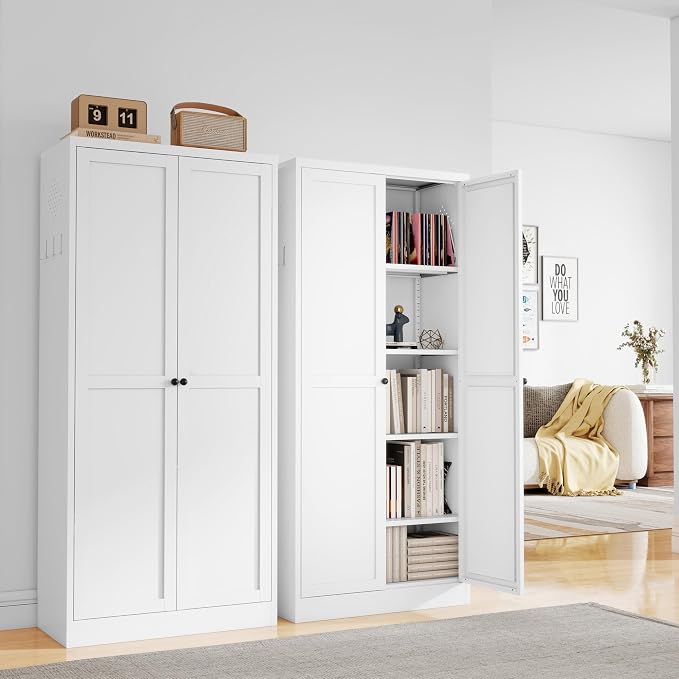 61" H White Metal Kicthen Pantry Storage Cabinet 5-Tier Cupboard | Pantry with 2 Doors & 4 Adjustable Shelves, Tall Metal Locker for Kitchen, Living Room, Garage, Assembly Require