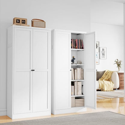 61" H White Metal Kicthen Pantry Storage Cabinet 5-Tier Cupboard | Pantry with 2 Doors & 4 Adjustable Shelves, Tall Metal Locker for Kitchen, Living Room, Garage, Assembly Require