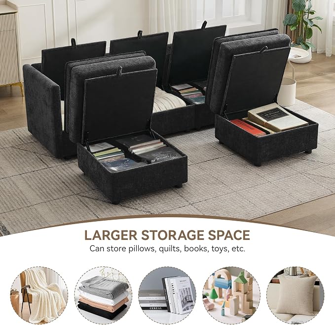 80" Cloud Modular 3 Seater Sofa with 2 Storage Ottoman, Modern Upholstered Storage Sofa Couch Deep Seat, U Shape Sectional Sofa Chenille Comfy Couch with Armrests for Living Room, Small Space, Black