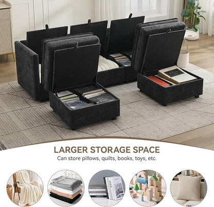 80" Cloud Modular 3 Seater Sofa with 2 Storage Ottoman, Modern Upholstered Storage Sofa Couch Deep Seat, U Shape Sectional Sofa Chenille Comfy Couch with Armrests for Living Room, Small Space, Black