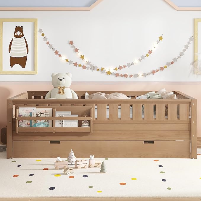 Bellemave Queen Kids Montessori Bed with Stairs, Bookshelf and Trundle, Solid Wood Kids Bed Frame with Storage for Boys Girls, Low Profile,Natural