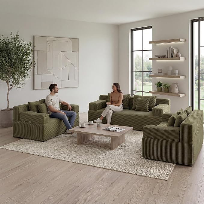 MONVANE 3-Piece Boneless Loveseat Couch Set for Living Room, Oversized Modular Sectional Sofa Set with Removable Armrests, Comfy Corduroy Cloud Couch with 12 Pillows, No Assembly Required, Green