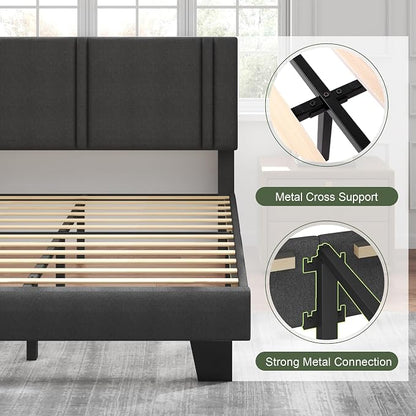 Feonase Full Size Platform Bed Frame, Fabric Upholstered Full Bed Frame, Solid Wood Slats & Heavy Duty Feet Support, No Box Spring Needed, Noise-Free, Easy Assembly, Dark Grey