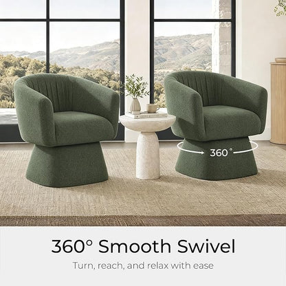 Zerel's Home Swivel Accent Chair with Ottoman, Upholstered Barrel Accent Chair, Modern Accent Chair with Pleated Backrest and Arms, Boucle Armchair for Living Room Bedroom, Set of 2, Green