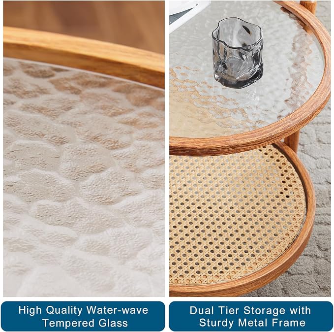 VINGLI 38" Rattan Oval Coffee Table, Water-Wave Glass Metal Center Table, Modern Coffees Table with 2-Tier Storage, Farmhouse Coffe Table for Living Room and Small Space, Natural Vibe