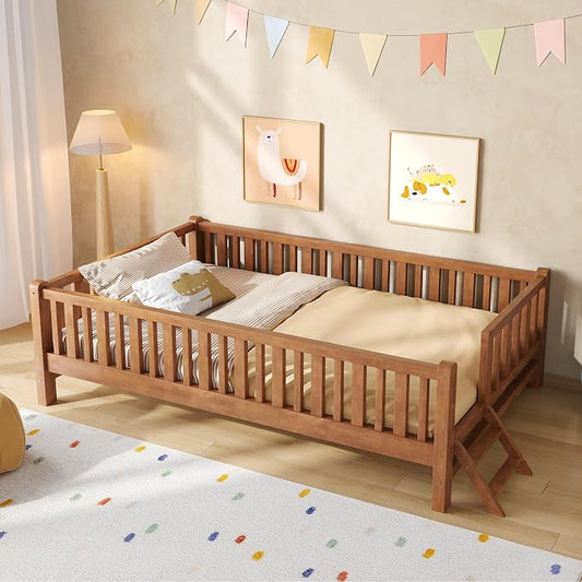 Merax Wood Twin Size Platform Bed with Guardrail, Kids Bed Frame with Stairs, Walnut