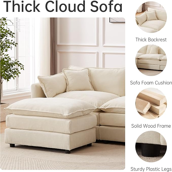 Modular Sectional Sofa, 112.2 Inch Rectangle Shaped Couch Set with Armrests, 3-Seater Comfy Cloud Couches for Living Room Apartment, Beige
