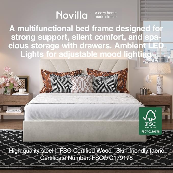 Novilla King Size Bed Frame with Storage Drawers, King Bed Frame and Headboard, King Bed Frame with LED Lights, Charging Station and Adjustable Headboard, No Box Spring Needed, White Velvet