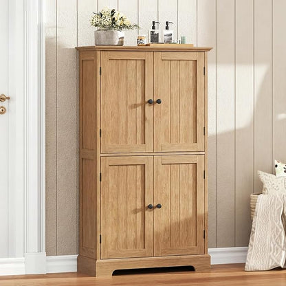 ChooChoo Bathroom Floor Cabinet, Modern Bathroom Storage Cabinet with 4 Doors and Adjustable Shelves, Freestanding Cupboard for Living Room, Natural