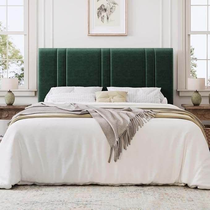 SHA CERLIN Full Size Platform Bed Frame, Velvet Upholstered Bed with Adjustable Headboard, Vertical Channel Tufted Design, Sturdy Wood Slat Support, No Box Spring Needed, Easy Assembly, Green