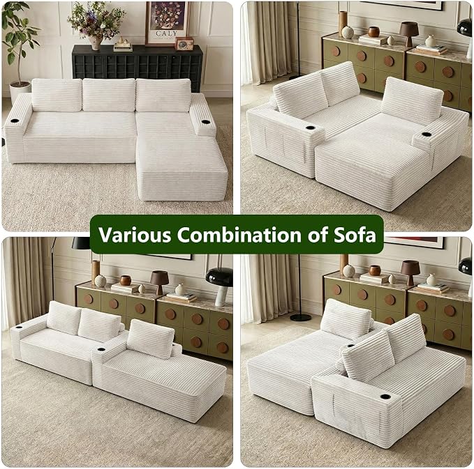 104.3" Modular Sectional Sofa,Modern Corduroy Cloud Couch with Cup Holder & Side Pockets,Boneless Couch Upholstered 4-Seater L-Shaped Sofa for Living Room,No Assembly (White, Right-Facing Chaise) | with Cup Holder