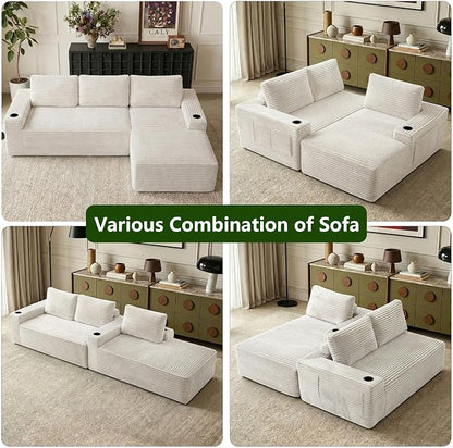 104.3" Modular Sectional Sofa,Modern Corduroy Cloud Couch with Cup Holder & Side Pockets,Boneless Couch Upholstered 4-Seater L-Shaped Sofa for Living Room,No Assembly (White, Right-Facing Chaise) | with Cup Holder