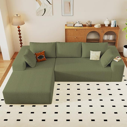 96" Modular Sectional Sofa, Modern Corduroy Cloud Couch with Deep Seat, Boneless Couch Upholstered 3-Seater L-Shaped Sofa for Living Room, No Assembly Required (Green, Left-Facing Chaise)