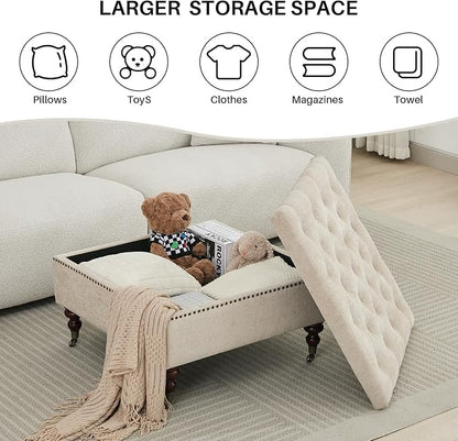 Large Square Storage Ottoman Uphlostered Tufted Button Coffee Table, Oversized Footrest Bench with Castered Rolling Wheels for Living Room, Light Brown Chenille Waterproof