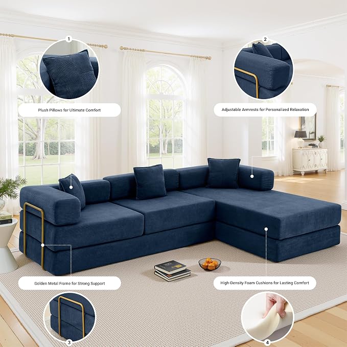 ivoros 108" Oversized Convertible Sleeper Sofa Bed, Corduroy L Shape Sectional Couch, Folding Sofa Bed with Fixed-Shape Frame, Modern Cloud Floor Mattress Couch, Modular Sofa for Living Room, Blue