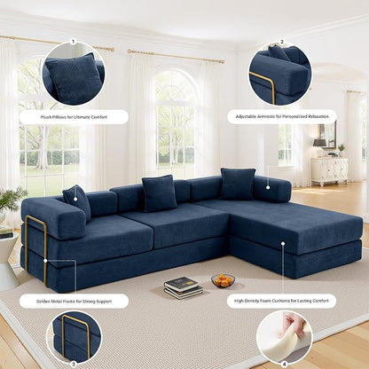 ivoros 108" Oversized Convertible Sleeper Sofa Bed, Corduroy L Shape Sectional Couch, Folding Sofa Bed with Fixed-Shape Frame, Modern Cloud Floor Mattress Couch, Modular Sofa for Living Room, Blue