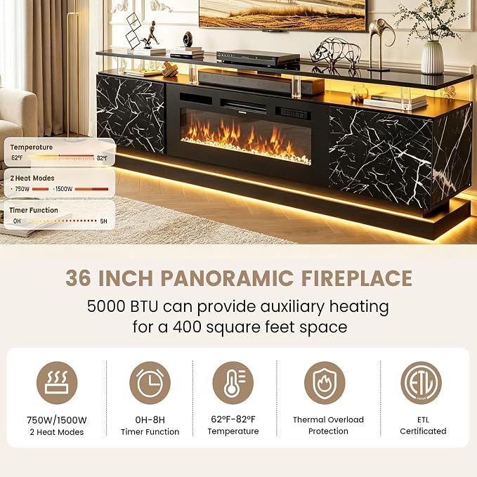 80" Fireplace TV Stand, Modern Entertainment Center for TVs Up to 90", TV Console with Storage Cabinets, Media Console for Living Room, Marble Black TV Stand and Black Fireplace