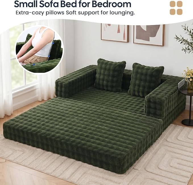 COMAX Futon Sofa Bed, Convertible Sofa Bed, Folding Boneless Couches | Boneless Couch for living room, Fold Out Small Foldable Loveseat Floor Sleeper Mattress Lounge Space‑Saving, Classic Green