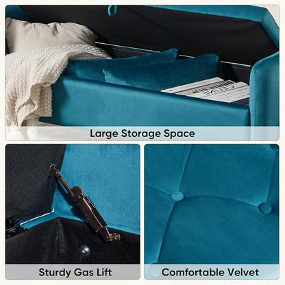 48" End of Bed Bench, Modern Storage Benches with Button-Tufted, Velvet Upholstered Storage Ottoman Bench for Foot of Bed with Arms, Gold Legs Window and Entryway, Vintage Green