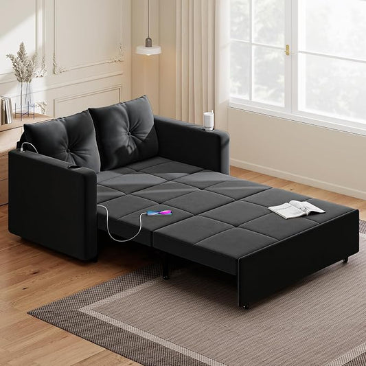 Krcix 3 in 1 Pull Out Couch, 56 Inch Velvet Sofa Bed, Convertible Sleeper Sofa for Living Room, Small Space, Upholstered Loveseat Couch Bed with USB, Cup Holder, Black