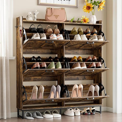 BORNOON Shoe Cabinet with 6 Flip Drawers Narrow Shoe Storage Cabinet Organizer Wooden Freestanding Shoe Rack Hidden Slim Shoes Storage Cabinet for Entryway, Hallway, Living Room, Bedroom