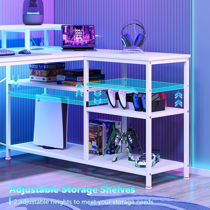 YOMILUVE White Gaming Desk with Drawers & Storage Shelves, L-Shaped Gaming Desk with Power Outlets & LED Light, Reversible Computer Desk with Monitor Stand & Hooks for Home Office