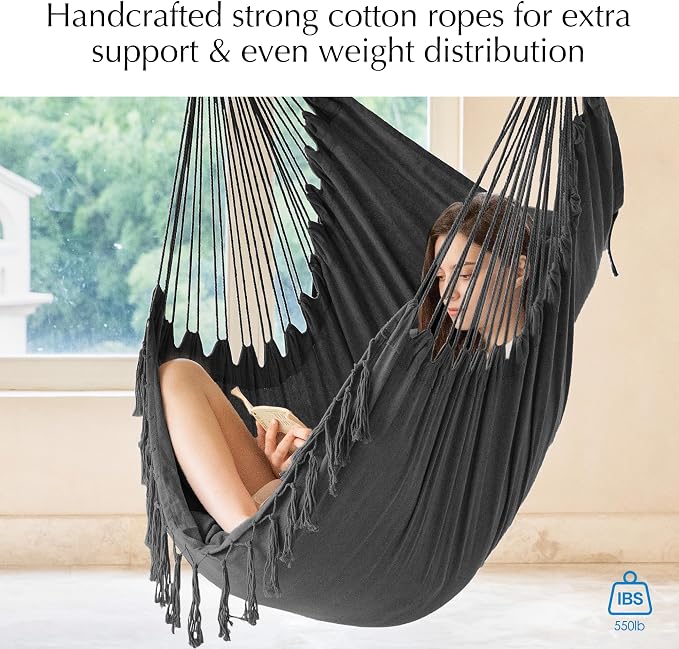 PNAEUT Hammock Chair with Tassel Hanging Rope Swing for Outside Indoor for Bedroom, Outdoor, Patio (Dark Gray with Tassels)