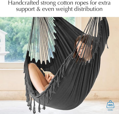 PNAEUT Hammock Chair with Tassel Hanging Rope Swing for Outside Indoor for Bedroom, Outdoor, Patio (Dark Gray with Tassels)